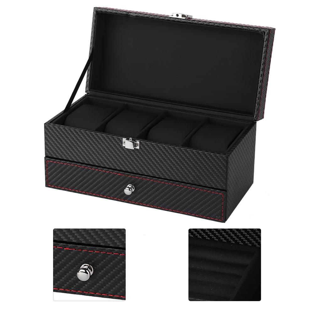 Svart kolfiber PU Smyckesförvaringsfodral 22,2 * 11 * 11,2 cm Klockbox Snygg Armbandsbox För Kvinnor