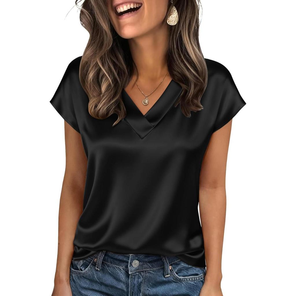 Summer, Satin Complexion, V-neck, Shirt Collar, Women's, Short Sleeved, Top, Women's Clothing