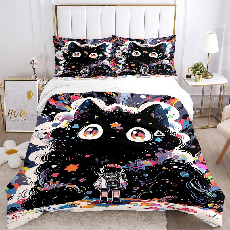 3pcs Giant Colorful Black Cat Print Bedding Set (1 Cover + 2 Pillowcases, Without Inserts), This Printed Bedding Set Is Soft and Comfortable