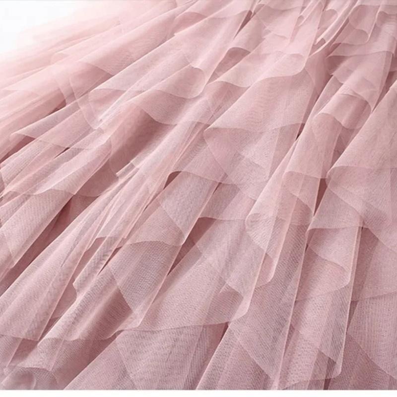 Womens Elastic High Waist Tulle Mesh Irregular Tutu Skirt Gauze Skirt  Spring and Summer New Pleated A-line Skirt in The Long Hi