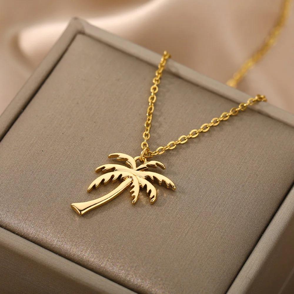 Coconut Palm Tree Necklace For Women Dainty Stainless Steel Palm Necklace Bohomian Jewelry Summer Ocean Beach Accessories