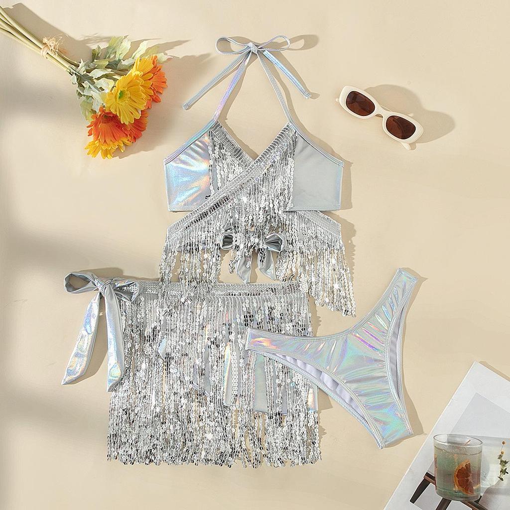 2024 Electric Music Festival Glitter Tassel Swimsuit: Sexy Three-Piece Set for Women.