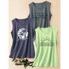 Three-piece Set of Women's Casual Sporty Tops with Landscape, Tree, Sun, and Mountain Peak Prints In a Fashionable Retro Style, Round-neck Tank Tops