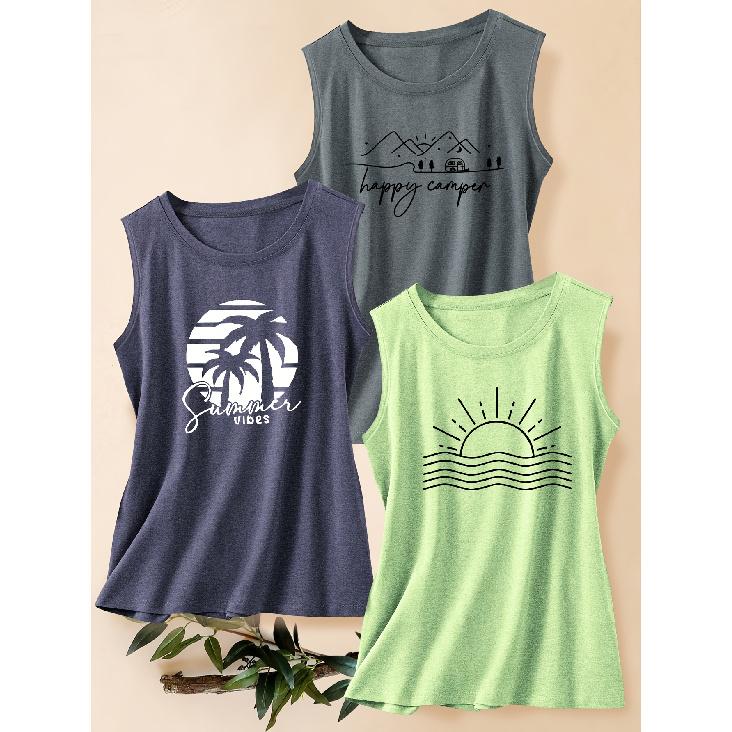 Three-piece Set of Women's Casual Sporty Tops with Landscape, Tree, Sun, and Mountain Peak Prints In a Fashionable Retro Style, Round-neck Tank Tops