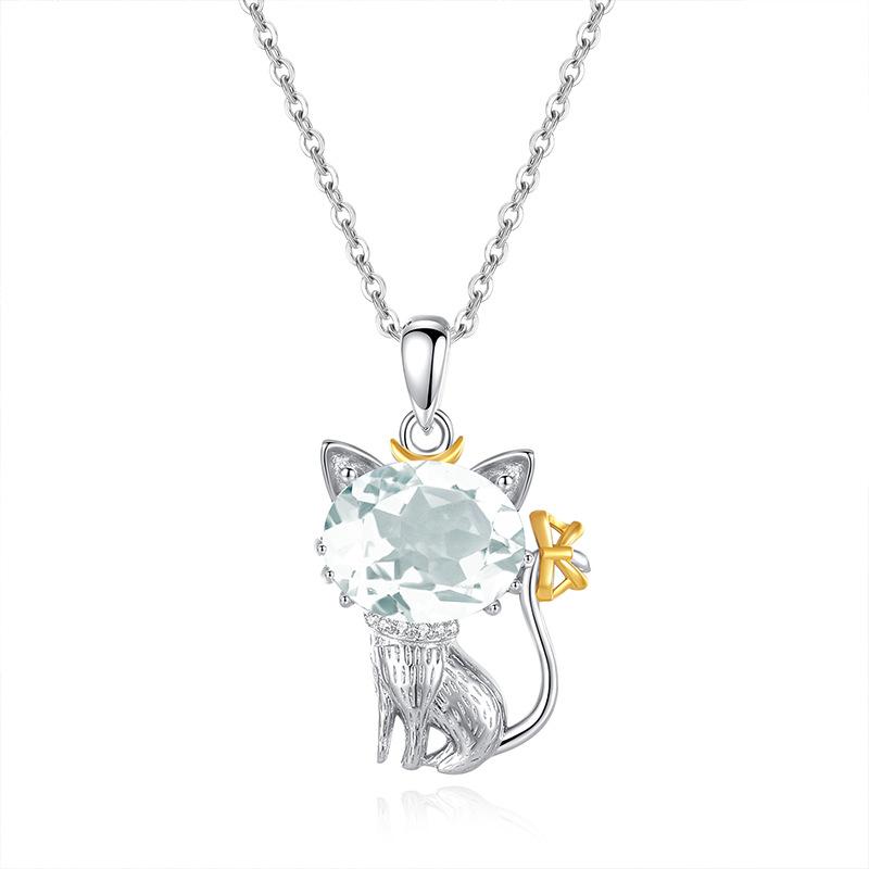 Natural crystal stone cat pendant S925 sterling silver necklace women's niche cute style girl gift jewelry