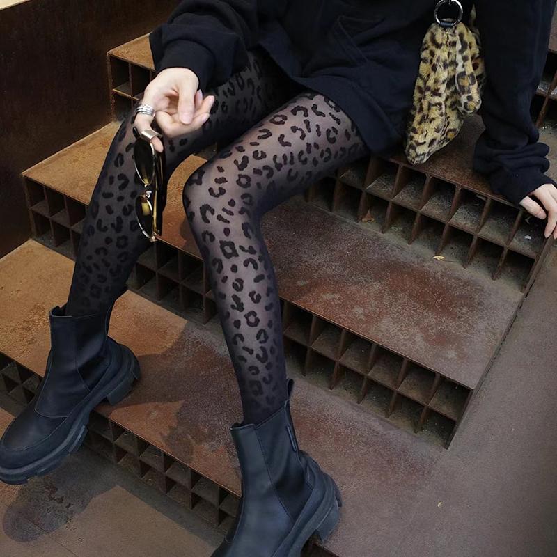 

Vintage Women Sexy Thin Transparent Silky Pantyhose Gothic Black Sexy Leopard Animal Pattern Sheer Tights Seamless Stockings One Size