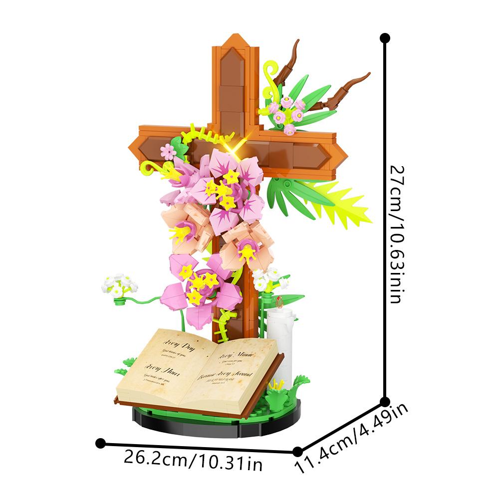 MOC Christianity Crimson Prayer Cross Flower Building Blocks Sacred Bible Tulip Flowers Bouquet Bricks Model Assembly Toys Gifts