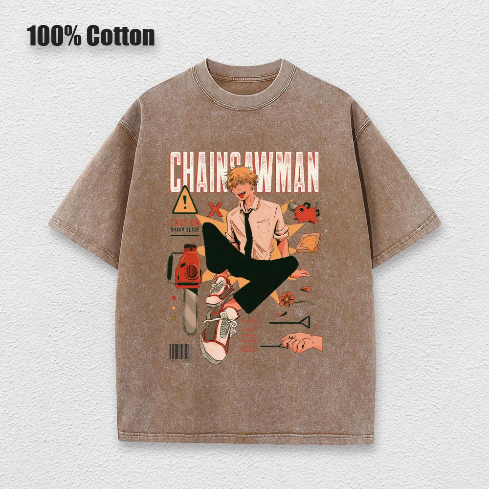 Anime Chainsaw Man Acidové tričko Retro Vintage Prané Tištěné Grafické Tričko Pánské Bavlněné Ležérní Tričko s Krátkým Rukávem Topy