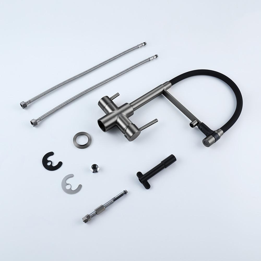 Kitchen Faucet Gunmetal Gray Brass 3 Ways Sink Mixer Black Hose Mount Pull Out Dual Sprayer Nozzle Water Taps