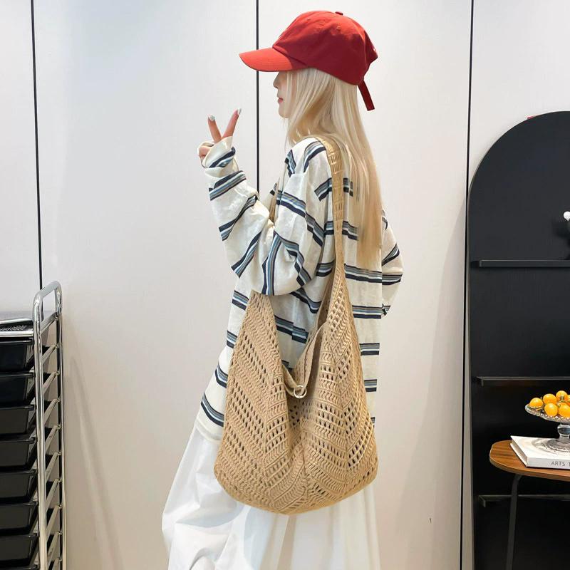 Yogodlns Casual Knitted Tote Bag Women's Summer Fashion Basket Weave Hollow Out Large Capacity Shoulder Bag for Daily Use