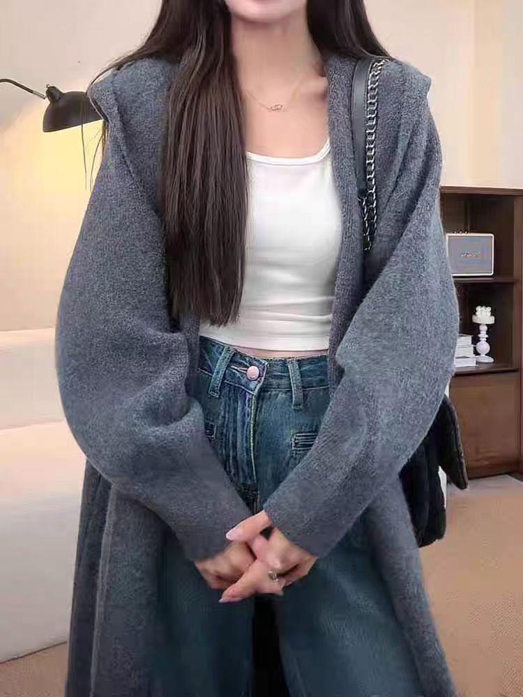Live stream explosion Lazy wind hooded knitted cardigan women's medium and long autumn and winter new Korean sweater jacket coat