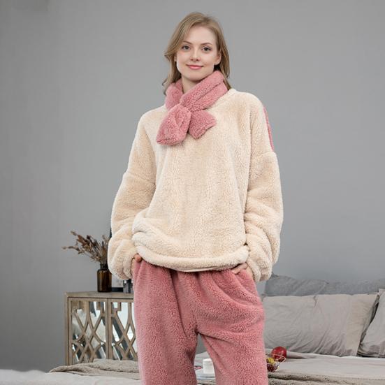 Fluffy Pajamas Set for Women Soft Fleece Pullover 2 Piece Pjs Loungewear with Scarf Winter Plush Warm Sleepwear Set