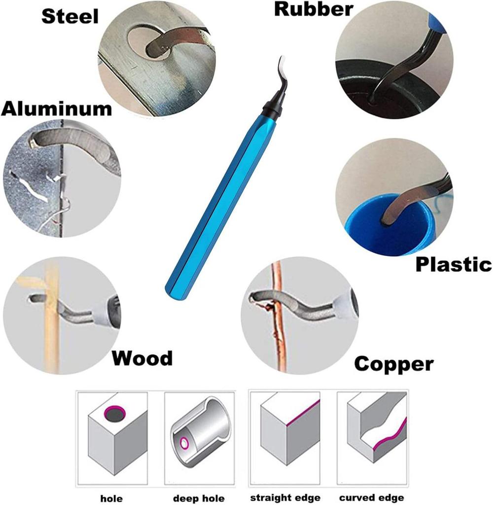 Deburring Tool Set with 11pcs High Speed Steel Swivel Blades Burr Removal Tool for Metal Resin PVC Pipes Copper Plastic Aluminum