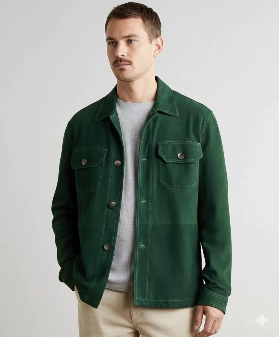 

Stylish Biker Handmade Genuine Lambskin Leather Men s Suede Dark Green Jacket Motorcycle 3XL темно-зелений колір