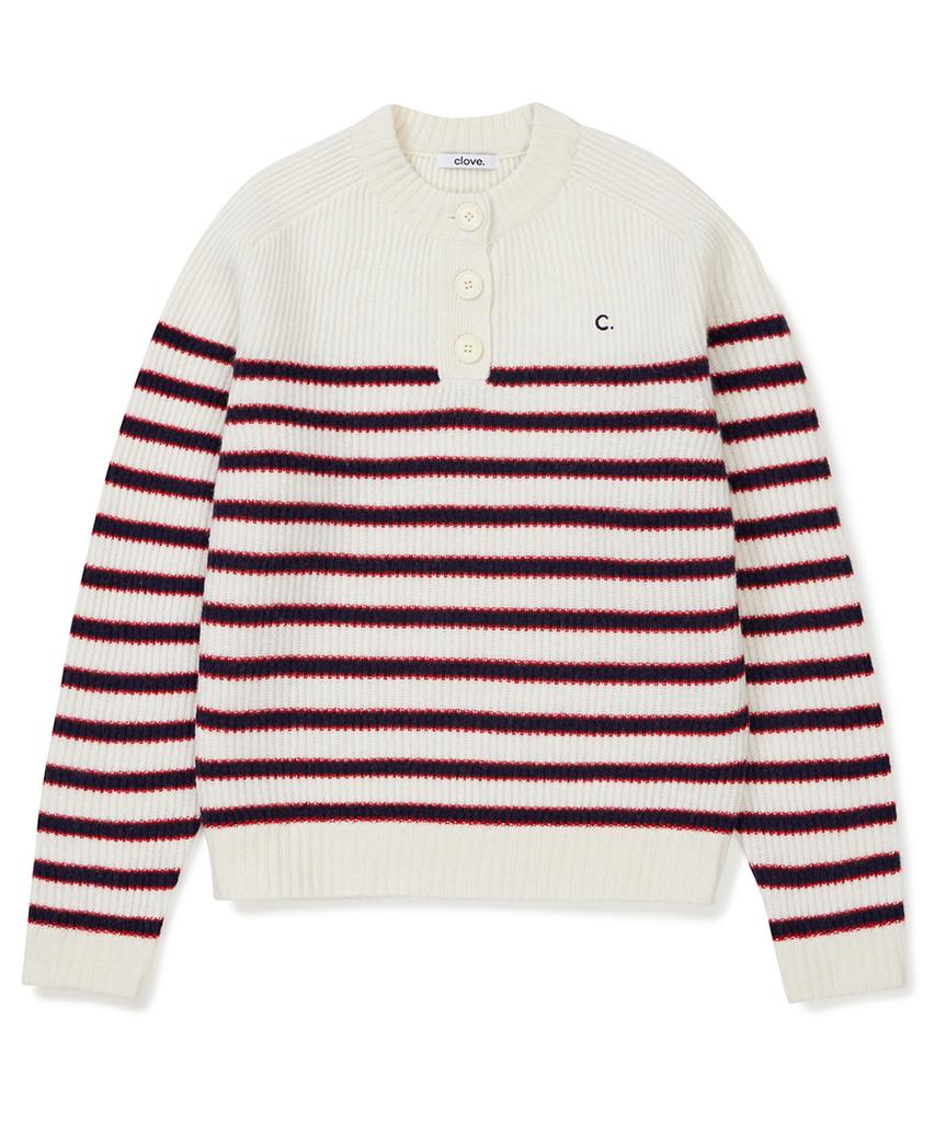 CLOVE [23Fw Clove] Henry Neck Stripe Knit (Ivory)