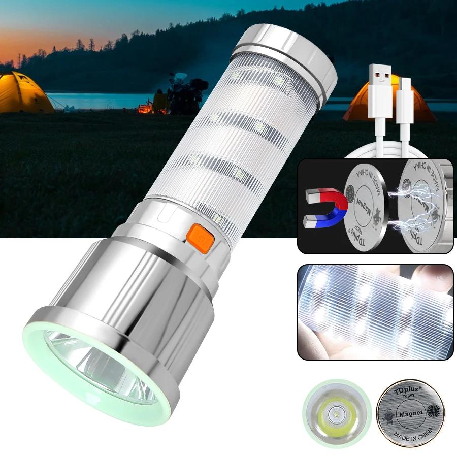 Portable Powerful LED Flashlight Built-in Battery Type-C Rechargeable Magnetic Lantern Outdoor Camping Emergency Tactical Lamp