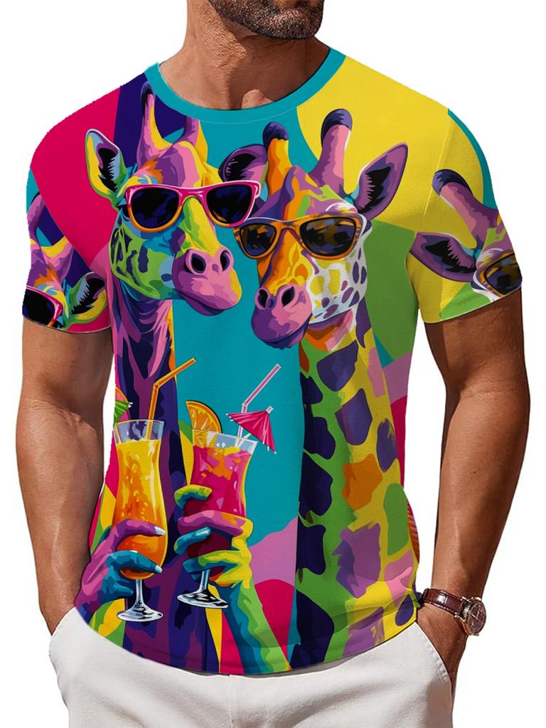 Men's Plus Size Giraffe Print T-Shirt - Full-Body Giraffe Short Sleeve Crew Neck Top, Loose Fit Breathable Summer Beachwear Suitable for Casual