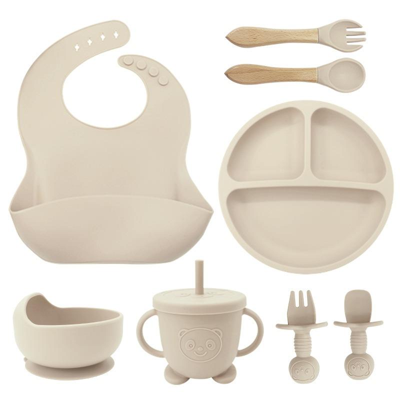 Set de farfurii din silicon pentru copii pentru a învăța să mănânci, furculiță de antrenament, lingură, supliment alimentar, ventuză, bol, anticădere și antiopărire