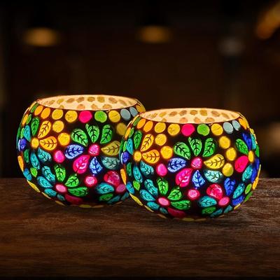 Pack of 2 Moroccan Mosaic Tealight Candle Holder|Decorative Glass Votive Tea Light Candle Stand for Home Decor|Diwali,Christmas Decoration