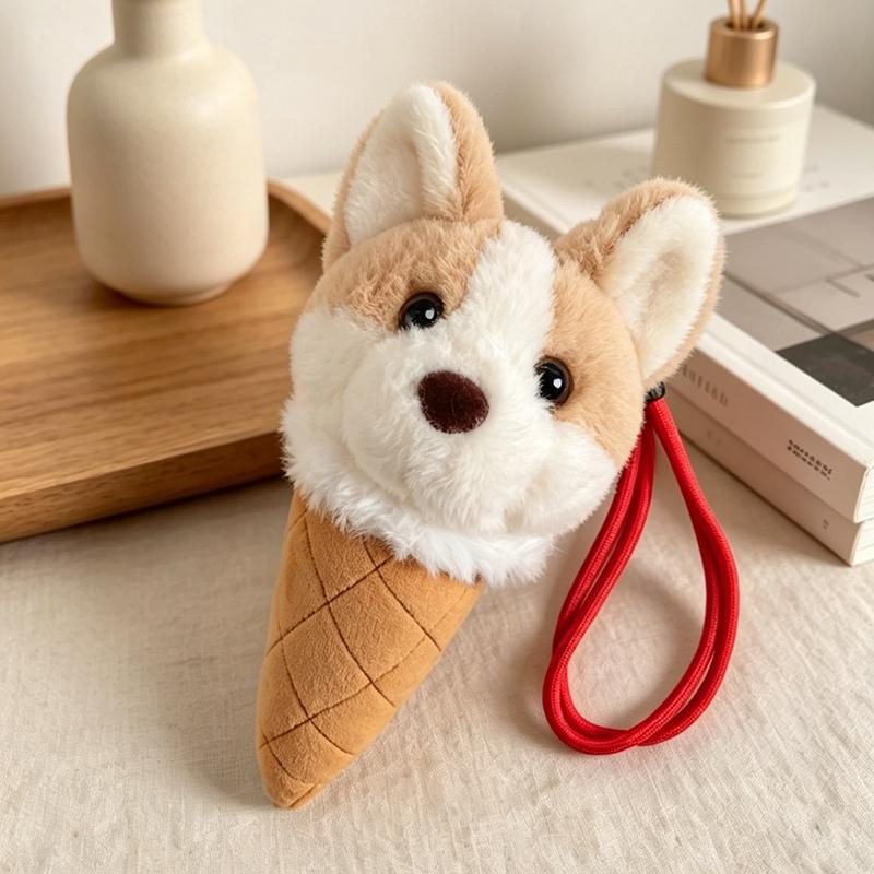 Cute Ice Cream Cone Dog Plush Pendant Toy Cartoon Corgi Animal Keychain Backpack Versatile Bag Decor Kids Xmas Gift