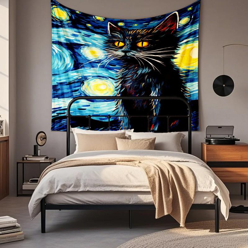 Artistic Tapestry Wall Hanging With Starry Night Black Cat Design Bedroom Living Room Decor 130x150