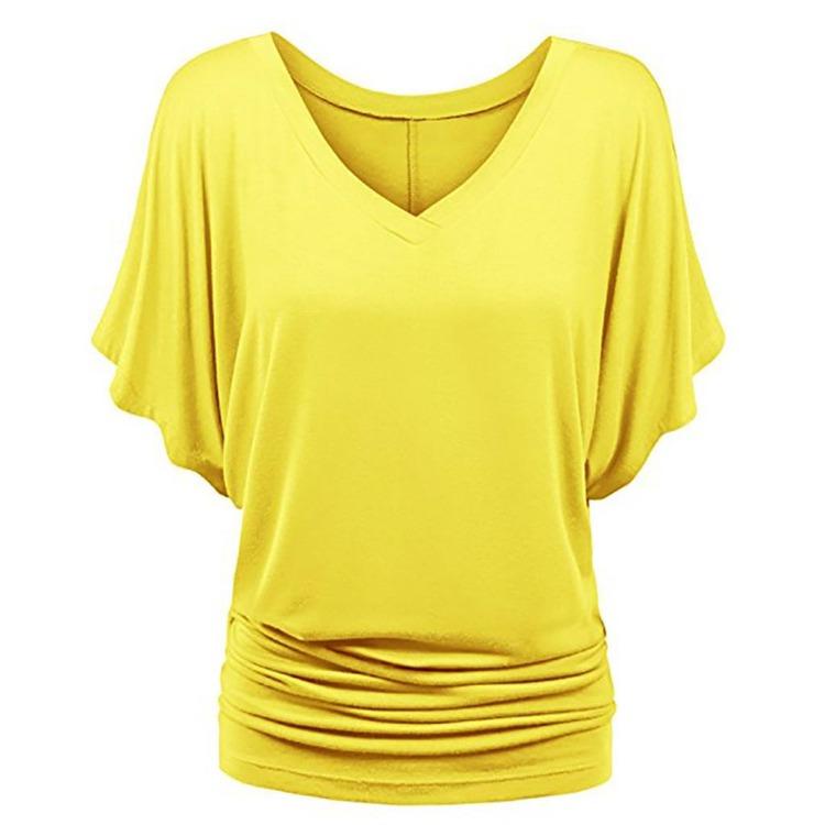 Plus Size Women Fashion Solid T Shirt Loose V Neck Batwing Sleeve Fold Hem