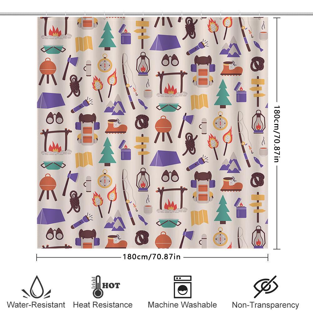 Outdoor Adventure Shower Curtain Campfire Patterns Decorative Waterproof Shower Panel Hiking Travel Camping Gear Set For Home Ba