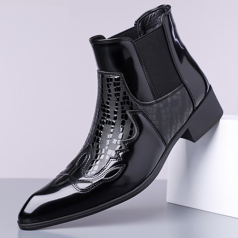 Fashion Brand Designer New Men's Patent Leather Pointed Toe Business Casual Ankle Boot for Men Winter Chelsea Leather Shoes