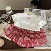 Korean Style 2025 Summer Girls' Bow T-shirt & Plaid Skirt Set