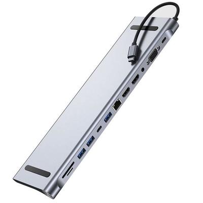 Adaptador USB-C para HDMI Duplo 4K, VGA com Porta USB 3.0, PD 100W, Ethernet, Leitor de Cartão SD-TF, Hub 12 em 1 para MacBook
