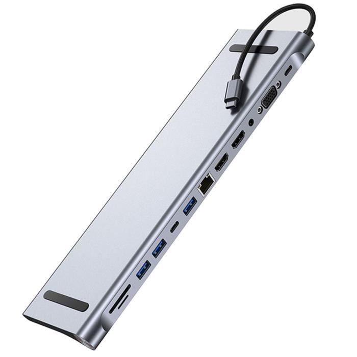 Adaptateur USB-C vers Double HDMI 4K, VGA avec Port USB 3.0, PD 100W, Ethernet, Lecteur de Carte SD-TF, Hub 12 en 1 pour MacBook