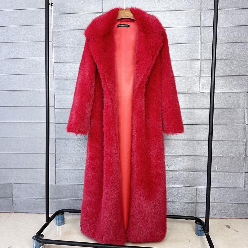 Women's Extra Long Faux Fur Coat with Suit Collar