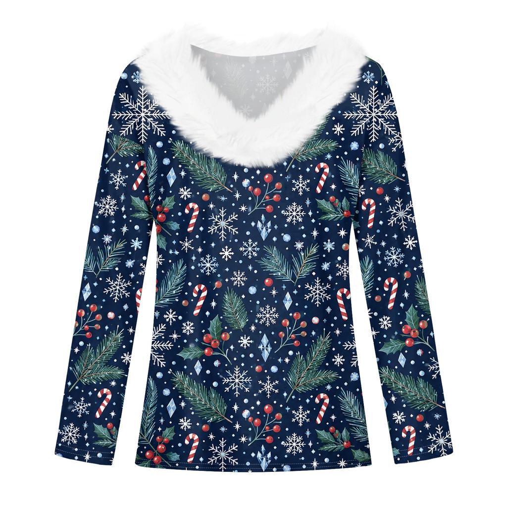 Women's Long Sleeve Christmas Print V-Neck Top with Plush Collar