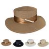 Women Sun Protection Hat Wide Brim Straw Hat with Pearl Decoration Adjustable Band Beach Hat for Outdoor Summer Sunshade