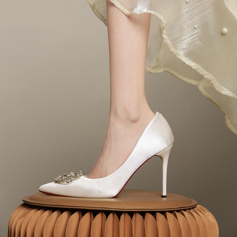 White high heels silk new pointed rhinestone thin heel shallow mouth wedding dress bridal banquet shoes