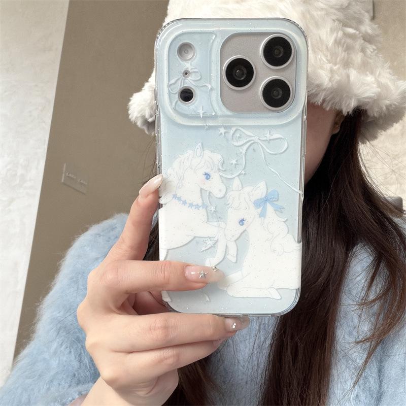 

Glittery Milky Blue Chain Horse iPhone Case for 14/15/16 Pro Max/17 – New Female Model iPhone 15