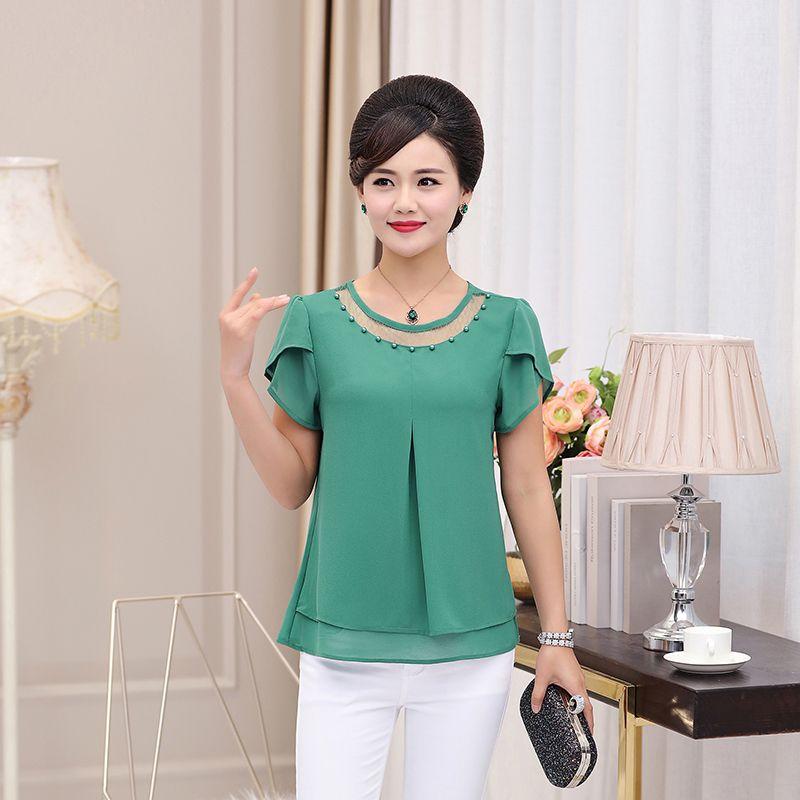 Damen T-Shirt Sommer Kurzarm Groß Chiffon Mode Rundhals Gaze Aushöhlen Patchwork Bluse Locker Mode Elegant Tops
