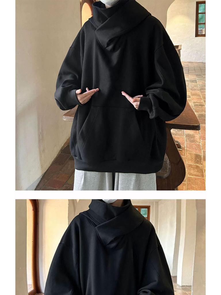 Męska bluza z kapturem oversize z wysokim kołnierzem w stylu czarownika - Jesienno-zimowa kurtka funkcyjna dla osób z fobią społeczną