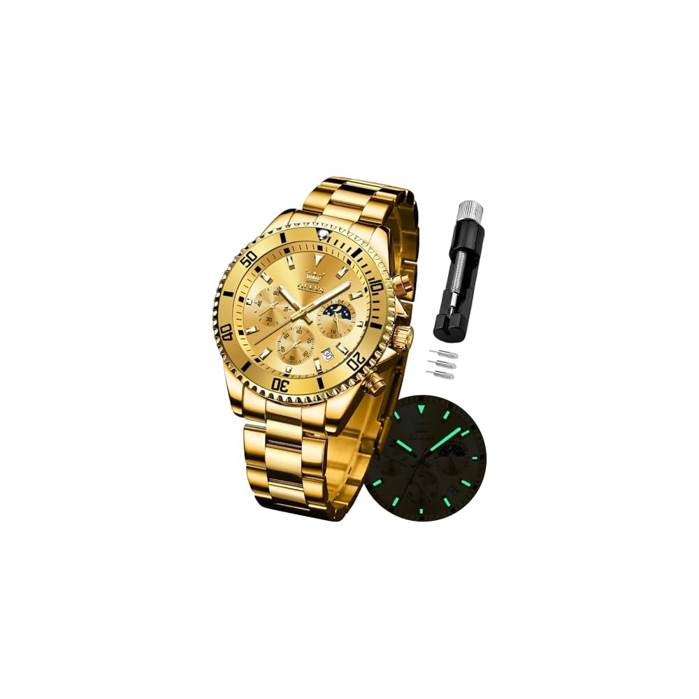 OLEVS Men s Analog Quartz Chronograph Moon Phase Waterproof Watch Gold Stainless Steel Classic Fashion Gift