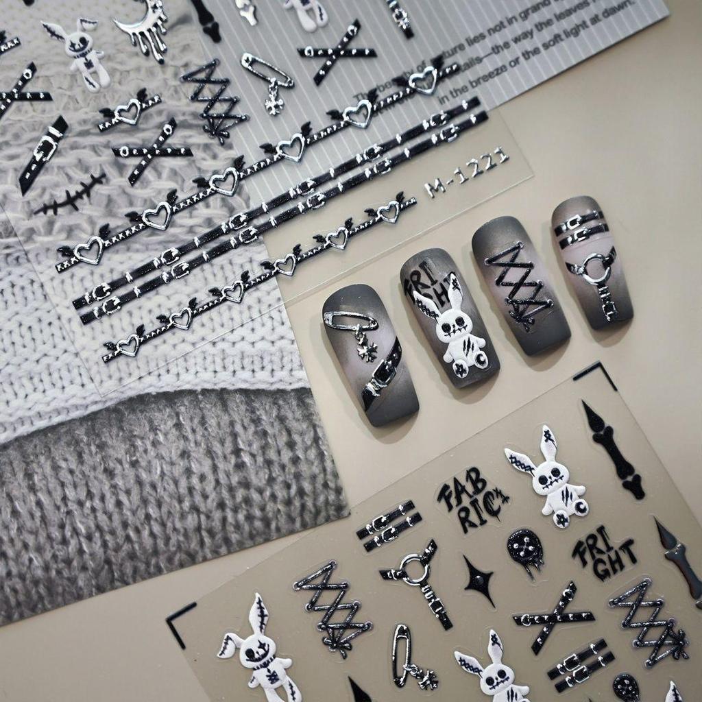 Dark Stitched Horror Rabbit Nail Stickers - DIY Liquid Metal Moon and Cross Design