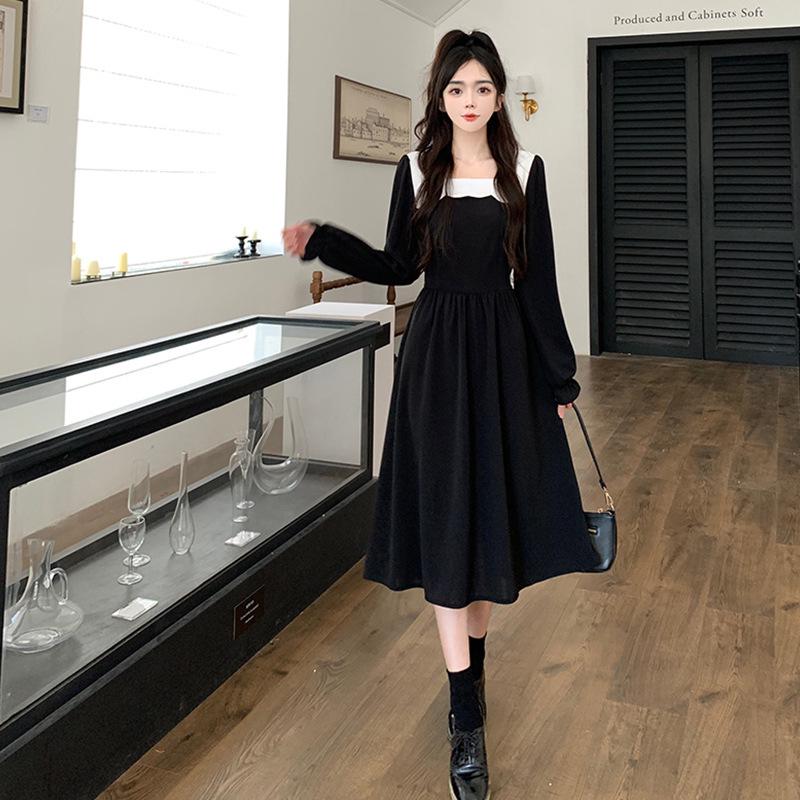 Women's 2024 Spring/Autumn French Style Square Collar Splicing Tea-Length Dress