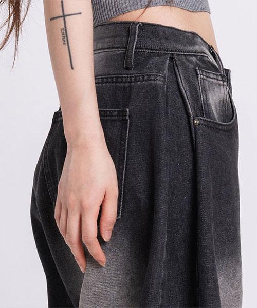Elleonasi P56_[Standard/Long/S~3Xl/4 Colors] Side Pintuck Wide Washed Denim Pants / Black Denim