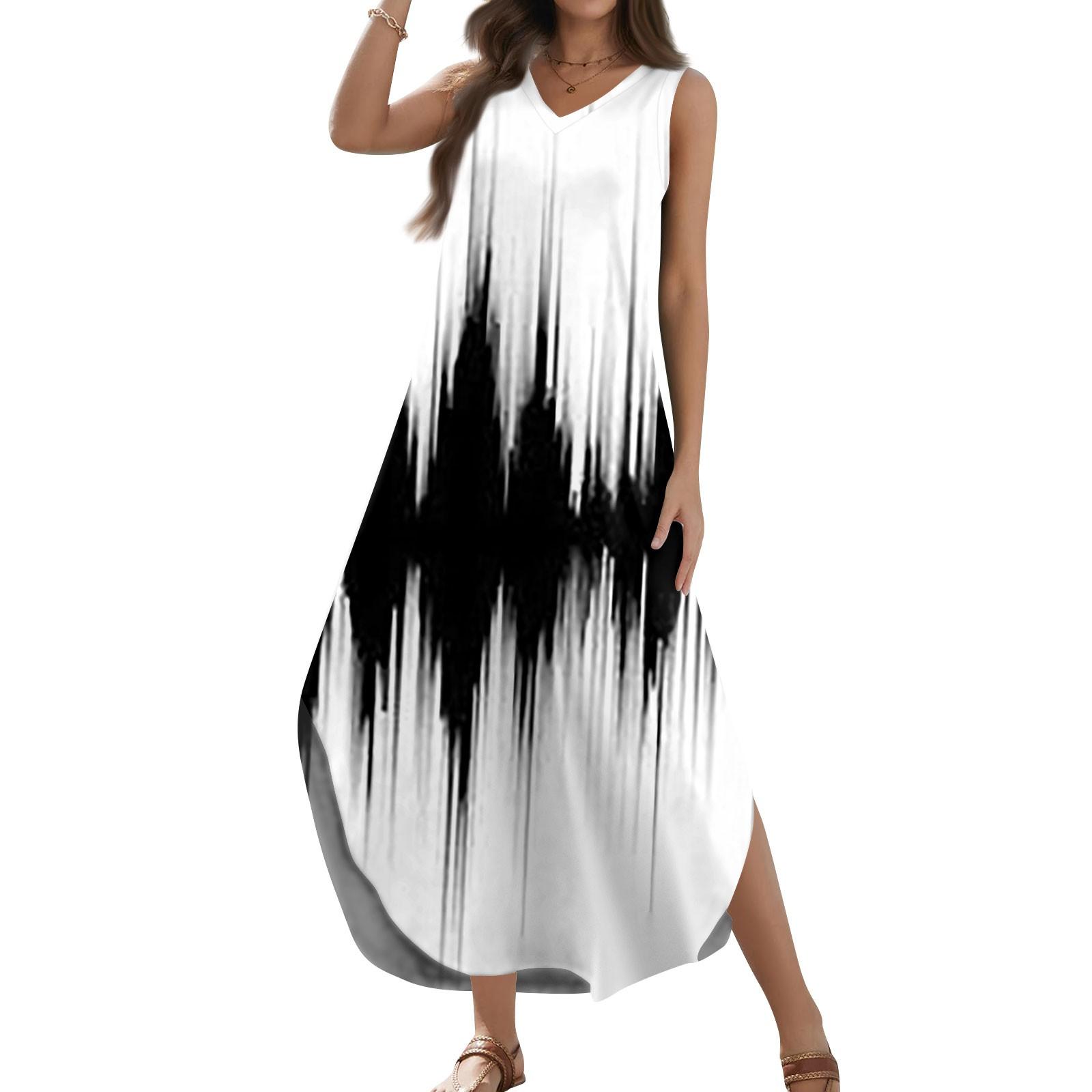 

Жіночі літні повсякденні вільні сарафани 2024 року, довгі сукні з принтом, без рукавів, футболка з V-подібним вирізом і розрізами, максі-сукні XL білий
