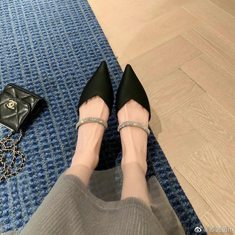 Xiaoxiangfeng Baotou Pantoletten Damen Dicke Absätze Spitzschuhe Coole Hausschuhe Bequeme Rückenfreie Einzelne Schuhe Sommer Strass Hohe Absätze