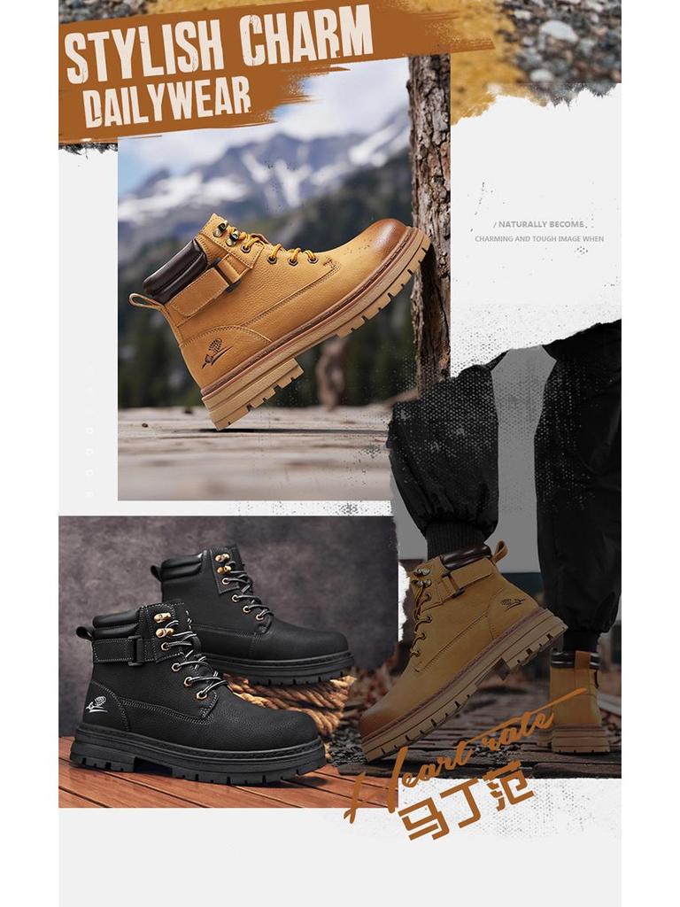 Men's Tough High-Top Yellow Leather Boots, British Style, Non-Slip, 2025 New Autumn/Winter Collection
