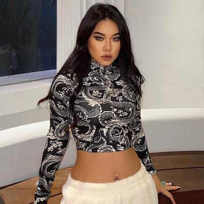 Módní trend Dámské stylové dračí trička s potiskem Crop topy s dlouhým rukávem a vysokým límcem Úzká trička na jaro podzim