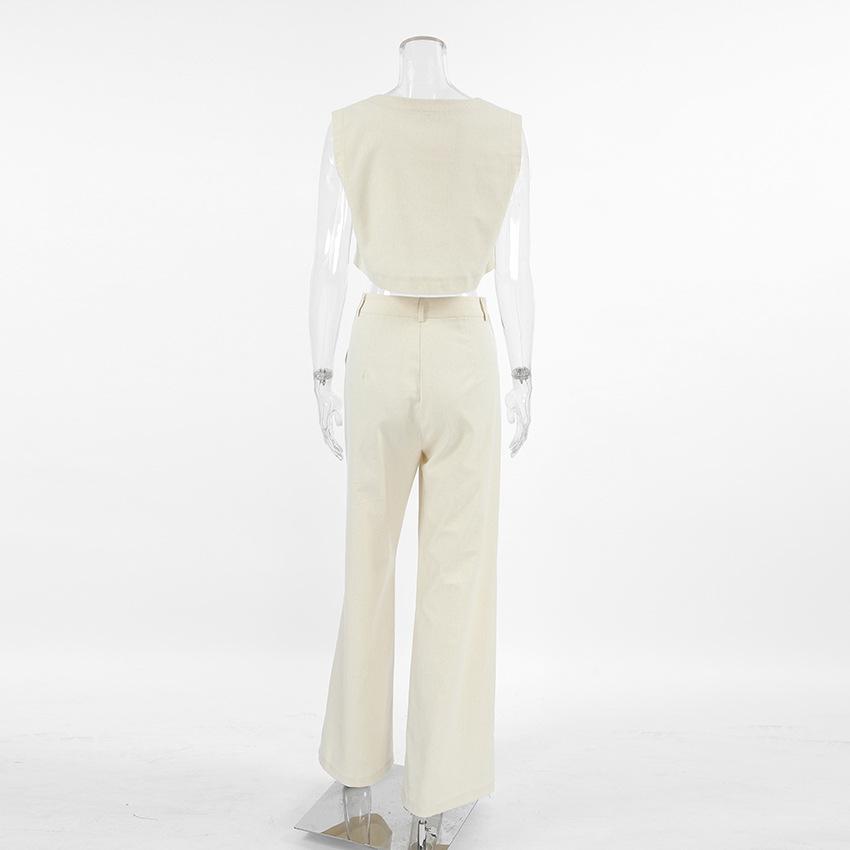 European and American street style fashion casual suit khaki cotton and linen sleeveless top trousers two-piece set summer wholesale women