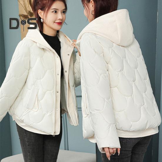 Women Winter Coat Fake Two-piece Zipper Button Closure Padded Hooded Turn-down Collar Pure Color Thin Short Type Down Cotton Filling Jacket