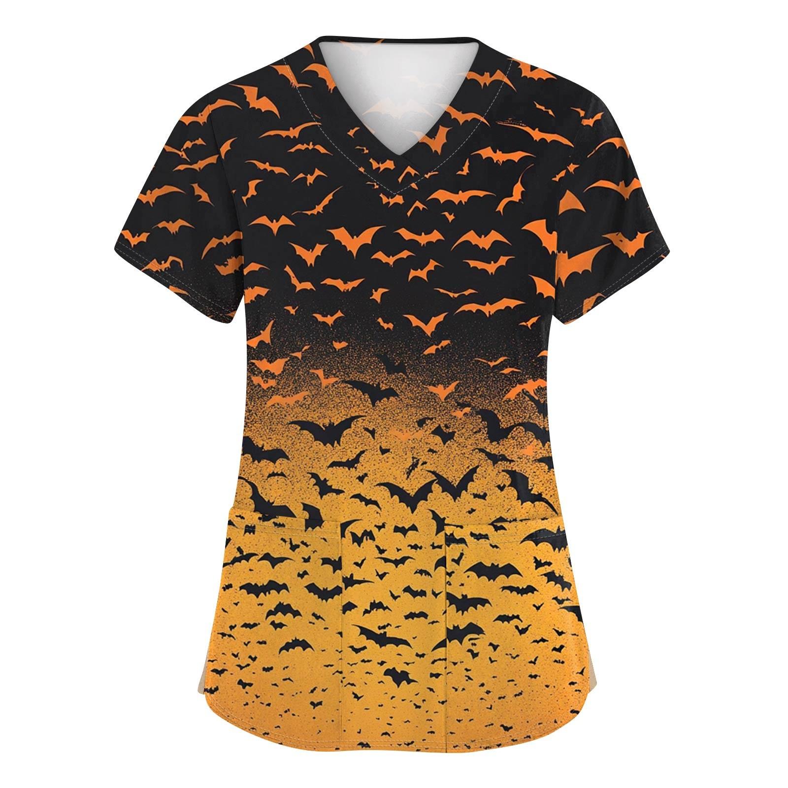 

Women s Fashion V-neck Short-sleeved Work Uniform With Pockets, Halloween Print Top XXXXXL помаранчевий
