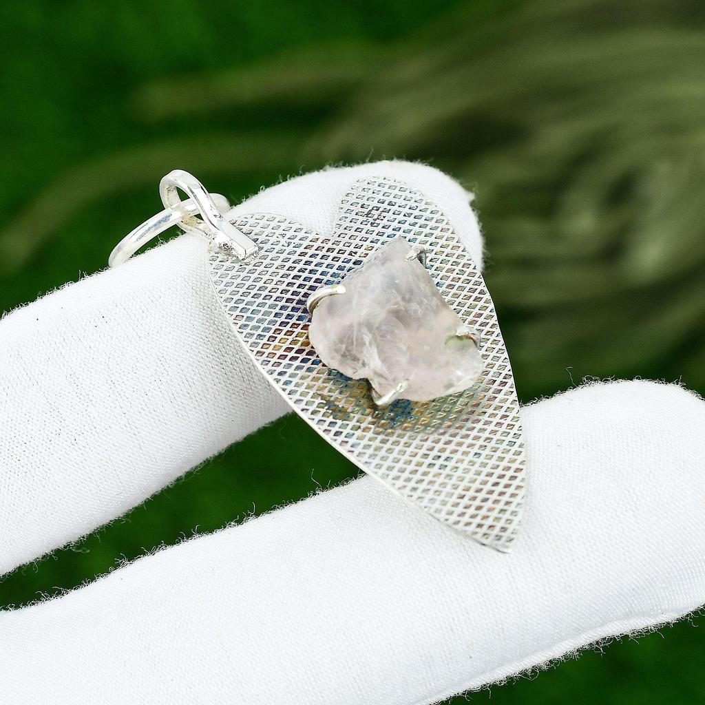 925 Sterling Silver Pentagon Natural Rose Quartz Rough Mother Unique New Pendant